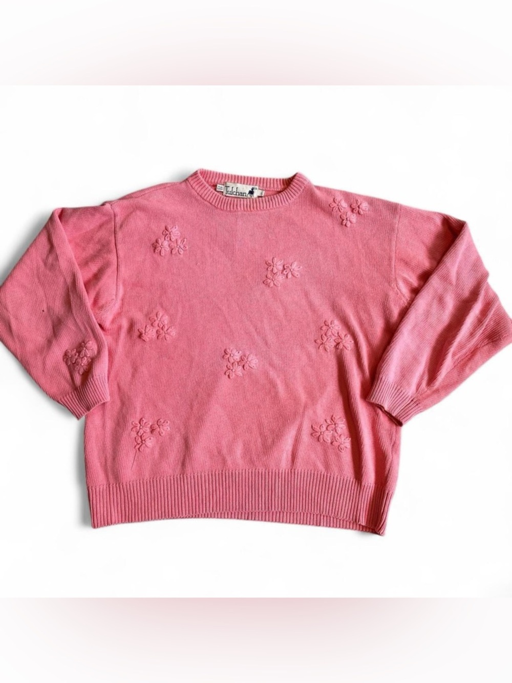Vintage Tulchan Pink‎ Floral Embroidered Sweater | 90s Cottagecore Cotton Knit L